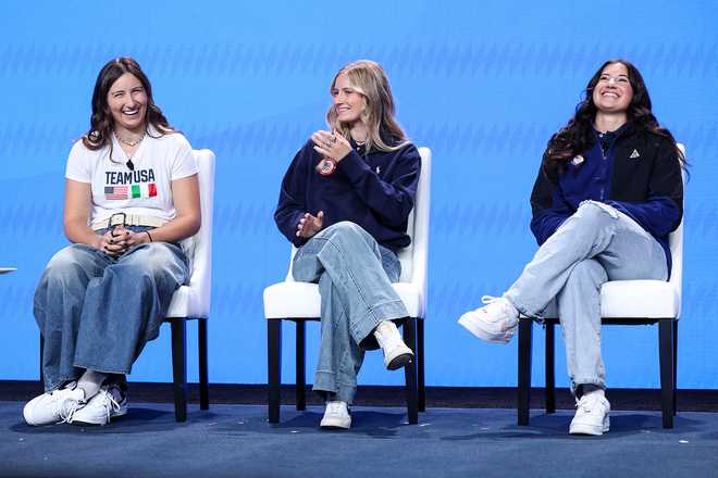 U.S. skier Lauren Macuga, U.S. skier Sam Macuga, and U.S. skier Alli Macuga talk on stage during the Team USA Media Summit ahead of the Olympic and Paralympic Winter Games Milano Cortina 2026 at the Javits Center, in New York City on Oct. 28, 2025.