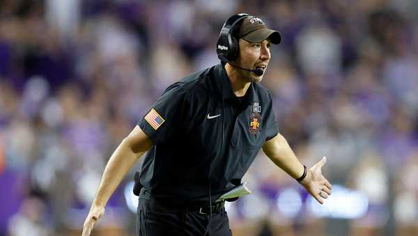 FORT WORTH, TEXAS - NOVEMBER 8: Head coach Matt Campbell of the Iowa State Cyclones reacts during the second half against the TCU Horned Frogs at Amon G. Carter Stadium on November 8, 2025 in Fort Worth, Texas.  (Photo by Ron Jenkins/Getty Images)