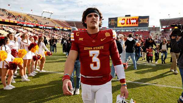 AMES, IA - NOVEMBER 22: Quarterback Rocco Becht #3 of the Iowa State Cyclones walks off the field after winning 38-14 over the Kansas Jayhawks at Jack Trice Stadium on November 22, 2025, in Ames, Iowa. The Iowa State Cyclones won 38-14 over the Kansas Jayhawks. (Photo by David K Purdy/Getty Images)
