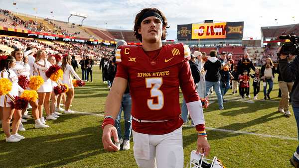 AMES, IA - NOVEMBER 22: Quarterback Rocco Becht #3 of the Iowa State Cyclones walks off the field after winning 38-14 over the Kansas Jayhawks at Jack Trice Stadium on November 22, 2025, in Ames, Iowa. The Iowa State Cyclones won 38-14 over the Kansas Jayhawks. (Photo by David K Purdy/Getty Images)