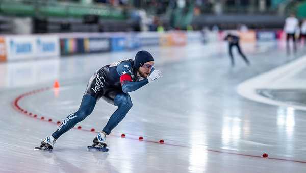 HAMAR, NORWAY - DECEMBER 13: Zach Stoppelmoor of United States competes in Men's 1000m race during day 2 of the ISU World Cup Speed Skating - Hamar at Hamar Olympic Hall Vikingskipet on December 13, 2025 in Hamar, Norway. (Photo by Christian Kaspar-Bartke - International Skating Union/International Skating Union via Getty Images)