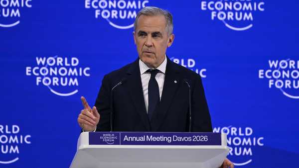 DAVOS, SWITZERLAND - JANUARY 20: Canadian Prime Minister Mark Carney delivers a speech at the World Economic Forum Annual Meeting held in Davos, Switzerland on January 20, 2026. (Photo by Harun Ozalp/Anadolu via Getty Images)
