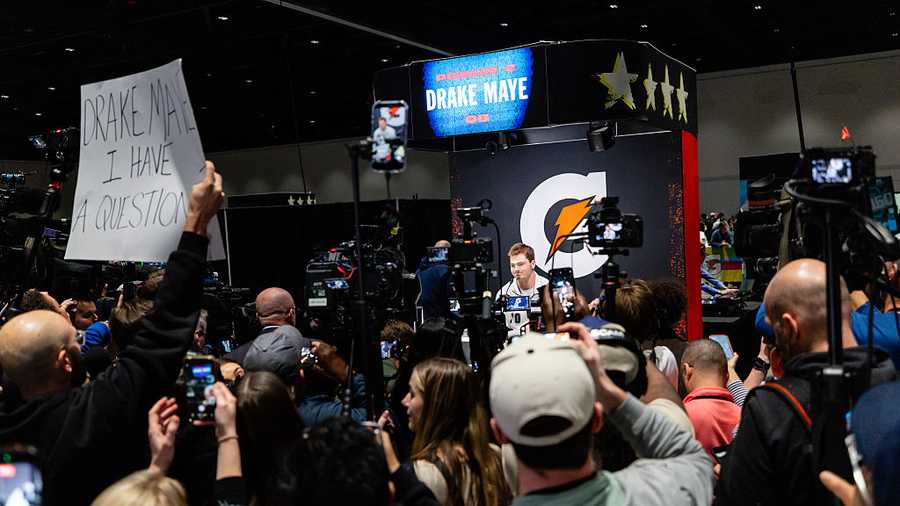 SAN JOSE, CA - FEBRUARY 02: Drake Maye #10 of the New England Patriots speaks to the media during Super Bowl LX Opening Night on February 2, 2026 at the San Jose McEnery Convention Center in San Jose, CA. (Photo by Matthew Huang/Icon Sportswire via Getty Images)