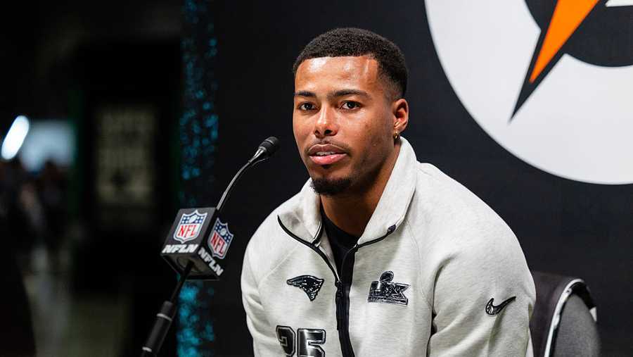 SAN JOSE, CA - FEBRUARY 02: Marcus Jones #25 of the New England Patriots speaks to the media during Super Bowl LX Opening Night on February 2, 2026 at the San Jose McEnery Convention Center in San Jose, CA. (Photo by Matthew Huang/Icon Sportswire via Getty Images)