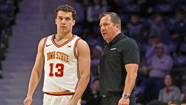 MANHATTAN, KS - FEBRUARY 01:  Head coach T.J. Otzelberger of the Iowa State Cyclones talks with Cade Kelderman #13 in the second half of a game against the Kansas State Wildcats at Bramlage Coliseum on February 1, 2026 in Manhattan, Kansas.  (Photo by Peter G. Aiken/Getty Images)