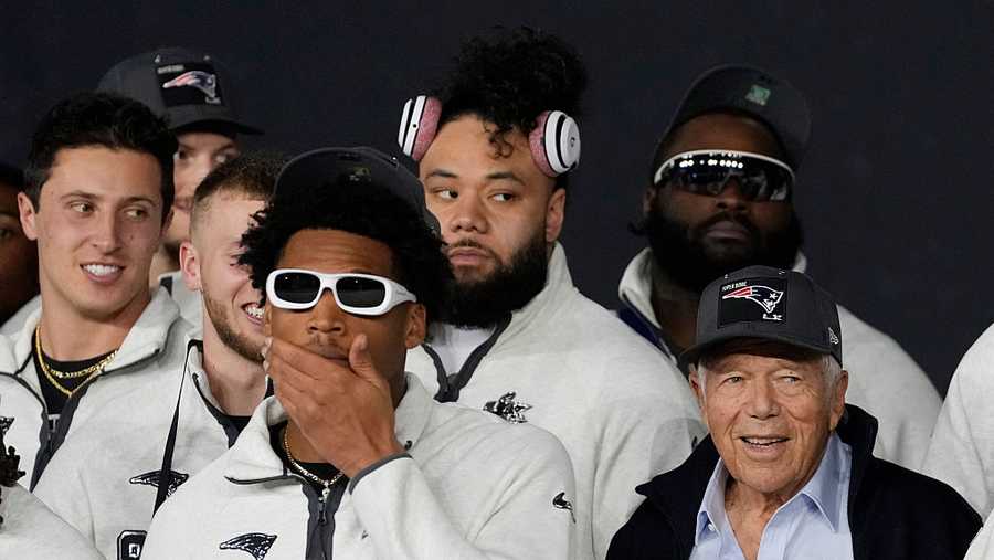 SAN JOSE, CALIFORNIA - FEBRUARY 02: New England Patriots owner Robert Kraft and John Jiles #83 of the New England Patriots look on during Super Bowl LX Opening Night at San Jose McEnery Convention Center on February 02, 2026 in San Jose, California. (Photo by Thearon W. Henderson/Getty Images)