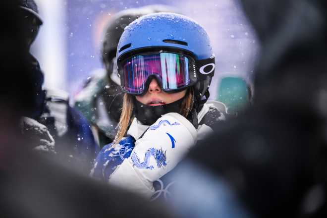 Eileen Gu of Team People's Republic of China looks on after a Freestyle Skiing Slopestyle training session on day minus two of the Milano Cortina 2026 Winter Olympic Games at Livigno Snow Park on Feb. 4 in Livigno, Italy.