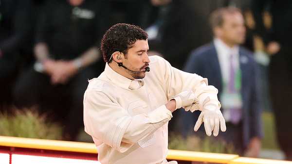 SANTA CLARA, CALIFORNIA - FEBRUARY 08: Bad Bunny performs onstage during the Apple Music Super Bowl LX Halftime Show at Levi's Stadium on February 08, 2026 in Santa Clara, California. (Photo by Neilson Barnard/Getty Images)