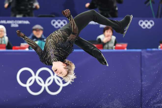 Ilia Malinin of Team United States reacts in Men's Single Skating - Free Skating Team event on day two of the Milano Cortina 2026 Winter Olympics at Milano Ice Skating Arena on February 8, 2026 in Milan, Italy.