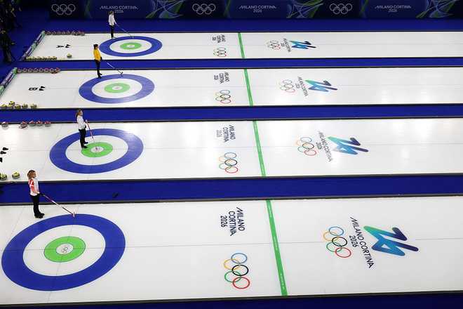 CORTINA D&amp;apos;AMPEZZO, ITALY - FEBRUARY 12: A general view during Women&amp;apos;s Round Robin matches on day six of the Milano Cortina 2026 Winter Olympic games at Cortina Curling Olympic Stadium on February 12, 2026 in Cortina d&amp;apos;Ampezzo, Italy. (Photo by Al Bello/Getty Images)
