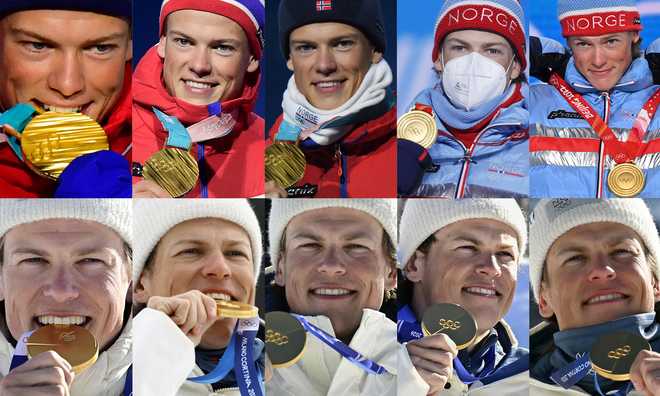 This combination of pictures shows Norway's cross-country skier Johannes Hoesflot Klaebo celebrating with 10 different gold medals on the podium during medal ceremonies from February 14, 2018, to February 18, 2026.