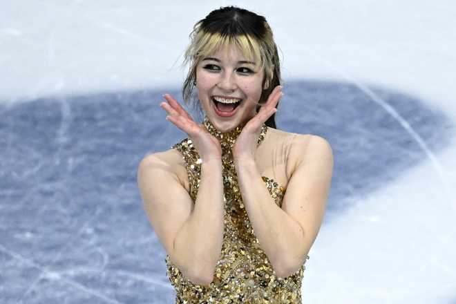 Alysa Liu reacts after competing in the figure skating women's single free skating final during the Milano Cortina 2026 Winter Olympic Games at Milano Ice Skating Arena in Milan on Feb. 19, 2026.