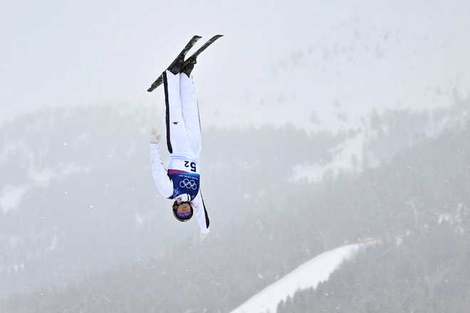 USA's Connor Curran competes in the freestyle skiing mixed team aerials final 1 during the Milan Cortina 2026 Winter Olympic Games at Livigno Aerials and Moguls Park in Livigno on Feb. 21.
