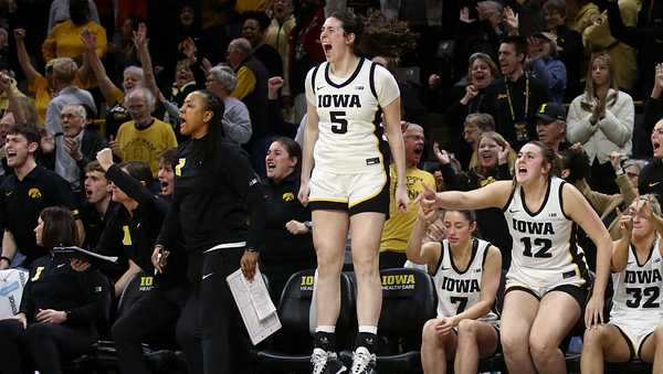 IOWA CITY, IA - FEBRUARY 26: Center Ava Heiden #5 of the Iowa Hawkeyes celebrates from the bench as the clock runs out in the second half against  the Illinois Fighting Illini  on February 26, 2026 at Carver-Hawkeye Arena, in Iowa City, Iowa.  (Photo by Matthew Holst/Getty Images)