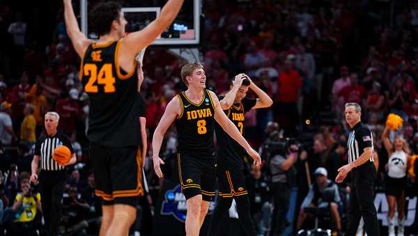 HOUSTON, TEXAS - MARCH 26: Cooper Koch #8 of the Iowa Hawkeyes celebrates during the Sweet Sixteen round game of the 2026 NCAA Men's Basketball Tournament held at Toyota Center on March 26, 2026 in Houston, Texas. (Photo by Jack Dempsey/NCAA Photos via Getty Images)