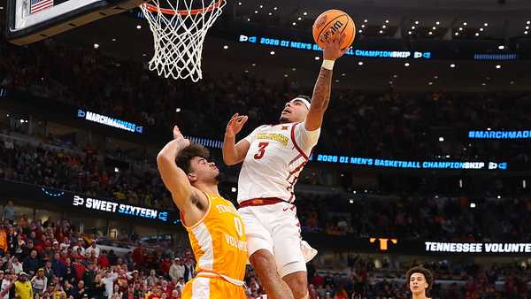 CHICAGO, ILLINOIS - MARCH 27:  Tamin Lipsey #3 of the Iowa State Cyclones attempts a shot against Ja'kobi Gillespie #0 of the Tennessee Volunteers during the first half in the Sweet Sixteen of the 2026 NCAA Men's Basketball Tournament at the United Center on March 27, 2026 in Chicago, Illinois. (Photo by Gregory Shamus/Getty Images)