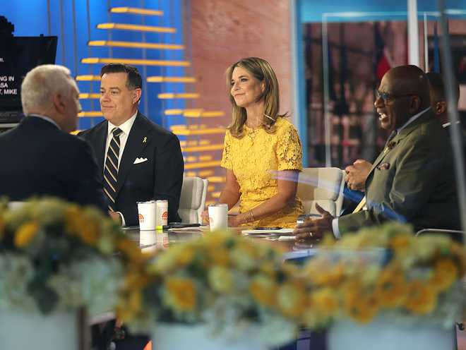Carson Daly, Savannah Guthrie and Al Roker are seen at the "TODAY" show in Uptown, Manhattan on April 06, 2026 in New York City.