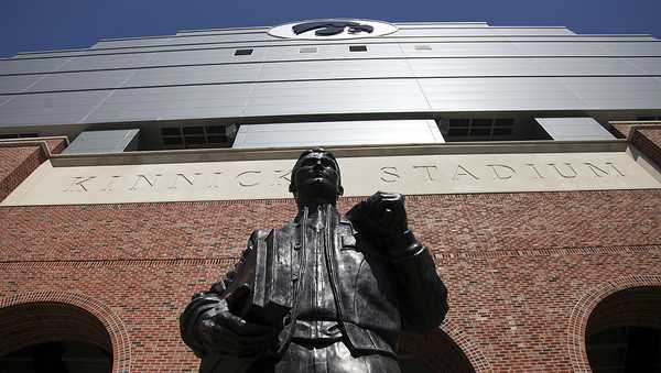IOWA CITY, IA - SEPTEMBER 13:  A statue of 1939 Heisman Trophy winner Nile Kinnick outside Kinnick Stadium before the match-up between the Iowa Hawkeyes and the Iowa State Cyclones on September 13, 2014, in Iowa City, Iowa.  (Photo by Matthew Holst/Getty Images)