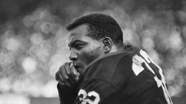 (Original Caption) 10/20/1963-Cleveland, Ohio-: Jim Brown (Cleveland Browns), close up on bench.