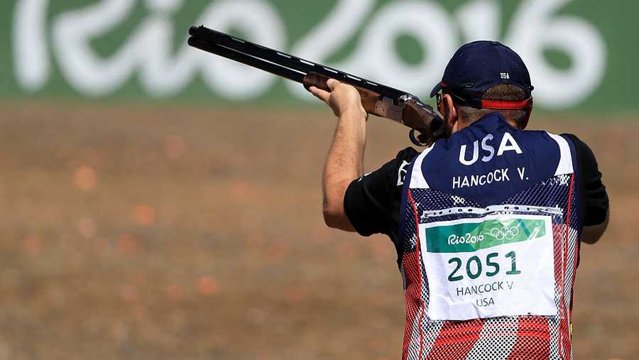 RIO DE JANEIRO, BRAZIL - AUGUST 13:  Vincent Hancock of the United States competes in the qualification match for the skeet event on Day 8 of the Rio 2016 Olympic Games at the Olympic Shooting Centre on August 13, 2016 in Rio de Janeiro, Brazil.  (Photo by Sam Greenwood/Getty Images)