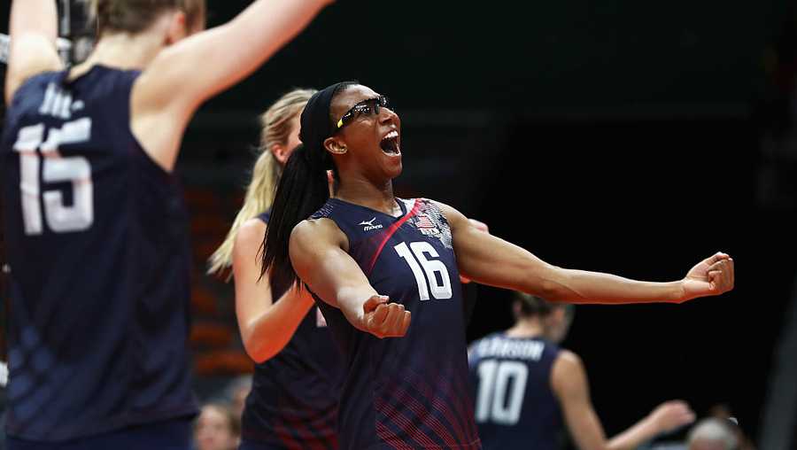 RIO DE JANEIRO, BRAZIL - AUGUST 20: Foluke Akinradewo #16 and Kimberly Hill #15 celebrate a point during the Women&apos;s Bronze Medal Match between Netherlands and the United States on Day 15 of the Rio 2016 Olympic Games at the Maracanazinho on August 20, 2016 in Rio de Janeiro, Brazil.  (Photo by Phil Walter/Getty Images)