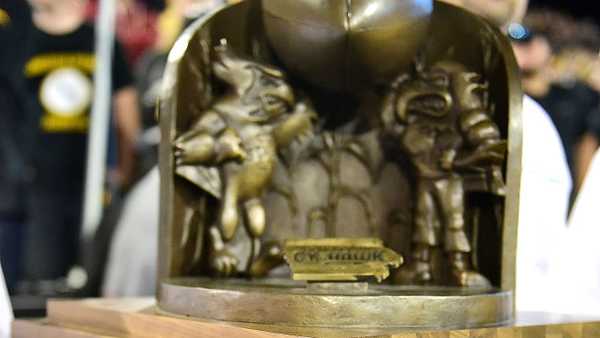 10 SEP 2016: The CyHawk Trophy sits on the Iowa sidelines during a non-conference NCAA football game between the Iowa State Cyclones and the University of Iowa Hawkeyes at Kinnick Stadium in Iowa City, Iowa. Iowa won, 42-3. (Photo by Keith Gillett/Icon Sportswire via Getty Images)