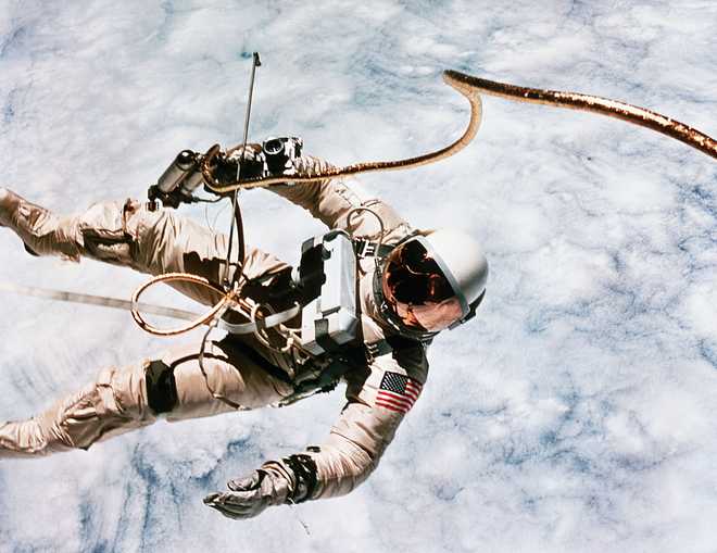 The first spacewalk in US history was made by astronaut Edward H. White during the Gemini 4 mission, on June 3, 1965.   (Photo by Jim McDivitt/NASA/Roger Ressmeyer/Corbis/VCG via Getty Images)