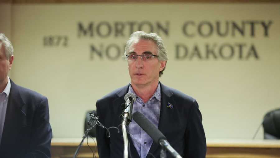 CANNON BALL, ND - FEBRUARY 22:  North Dakota Governor Doug Burgum speaks during a press conference announcing plans for the clean up of the Oceti Sakowin protest camp on February 22, 2017 in Mandan, North Dakota. Protesters and campers against the DAPL pipeline, at times numbering in the thousands, are now down to under a hundred. (Photo by Stephen Yang/Getty Images)