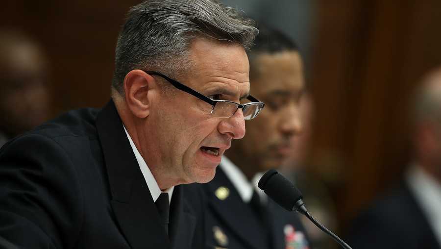 WASHINGTON, DC - MARCH 21: U.S. Navy Vice Adm. Robert Burke testifies during a House Armed Services Committee hearing in the Rayburn House Office Building on Capitol Hill on March 21, 2017 in Washington, DC. The hearing comes in the wake of a scandal involving the sharing of nude photos of female Marines by active-duty troops and reservists in a series of online forums recently reported.  (Photo by Justin Sullivan/Getty Images)