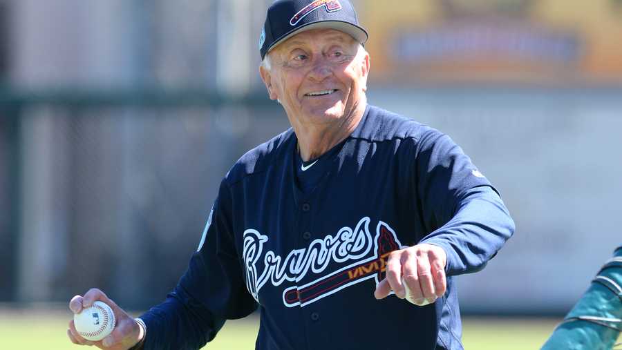 Former Atlanta Braves pitcher and Baseball Hall-of-Fame member Phil Niekro pitches batting practice prior to the Spring Training game against the Detroit Tigers at Publix Field at Joker Marchant Stadium on March 15, 2017 in Lakeland, Florida.