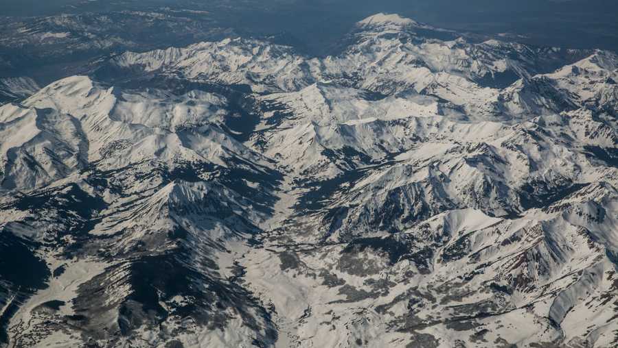 The Rocky Mountains are shown from 34,000 feet on April 12, 2017, west of Denver, Colorado.