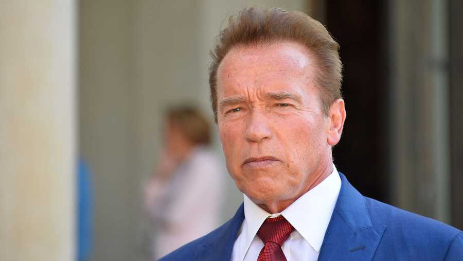PARIS, FRANCE - JUNE 23:  Arnold Schwarzenegger addresses the press as he leaves after meeting French President Emmanuel Macron at the Elysee Palace on June 23, 2017 in Paris, France. On their agenda was the United States withdrawal from the COP 21 and global climate change.