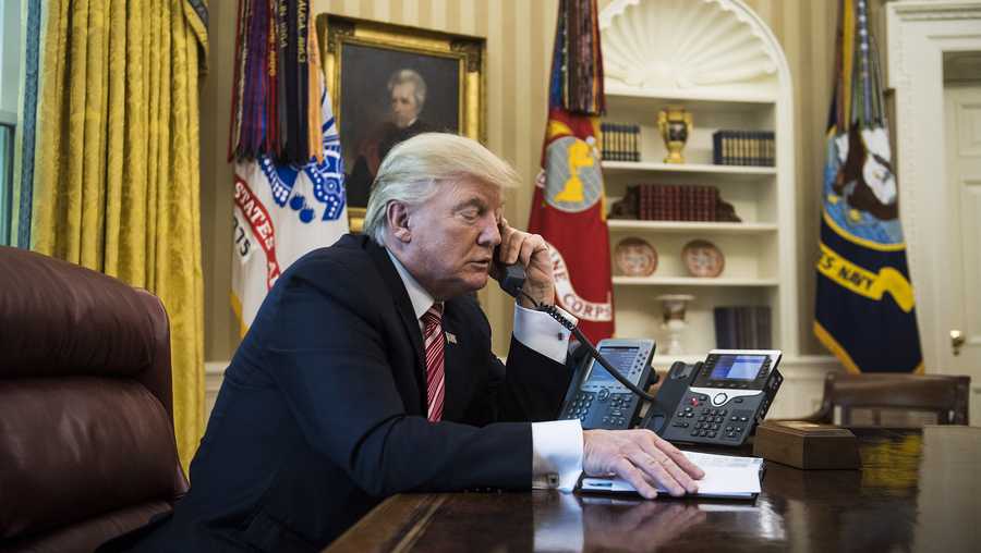 WASHINGTON, DC - JUNE 27: President Donald Trump talks with new Irish Prime Minister Leo Varadkar during a telephone call in the Oval Office of the White House of the White House in Washington, DC on Tuesday, June 27, 2017. (Photo by Jabin Botsford/The Washington Post via Getty Images)