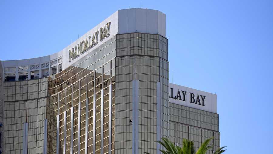 The 2 broken windows on the 32nd floor of the Mandalay Bay Resort and Casino where Stephen Paddock opened fire through the windows onto the Route 91 Harvest country music festival on Oct. 1, 2017.