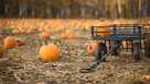 A wagon in a pumpkin field