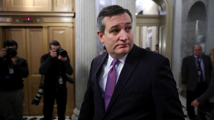 FEBRUARY 09: Sen. Ted Cruz (R-TX) (C) leaves the Senate Chamber following early morning votes at the U.S. Capitol February 9, 2018 in Washington, DC. Despite an attempt by Sen. Rand Paul (R-KY) to slow down the process, the Senate passed bipartisan legislation to continue to fund the government and lift strict budget caps. With the government officially in a shut down, the legislation now goes to the House of Representatives.