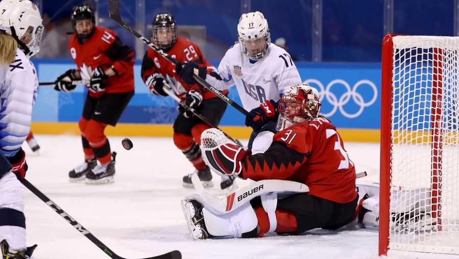 Genevieve Lacasse #31 of Canada tends the goal against Jocelyne Lamoureux #17 of the United States during the Women's Ice Hockey Preliminary Round Group A game on day six of the PyeongChang 2018 Winter Olympic Games at Kwandong Hockey Centre on February 15, 2018 in Gangneung, South Korea. 