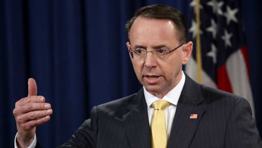 U.S. Deputy Attorney General Rod Rosenstein announces the indictment of 13 Russian nationals and 3 Russian organizations for meddling in the 2016 U.S. presidential election February 16, 2018 at the Justice Department in Washington, DC. The indictments are the first charges brought by special counsel Robert Mueller while investigating interference in the election.