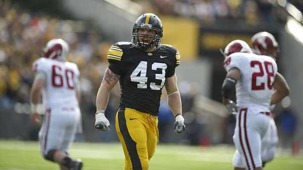 College Football: Iowa Pat Angerer (43) during game vs Indiana. Iowa City, IA 10/31/2009 CREDIT: Bob Rosato (Photo by Bob Rosato /Sports Illustrated via Getty Images) (Set Number: X83152 TK1 R1 F78 )