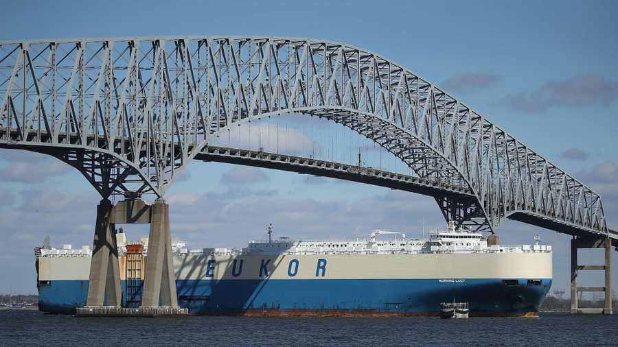 BALTIMORE, MD - MARCH 09: An outbound cargo ship passes under the Francis Scott Key Bridge, March 9, 2018 in Baltimore, Maryland. U.S. President Donald Trump announced that he will impose tariffs of 25 percent on imported steel and 10 percent on imported aluminum with an initial exemption for Mexico and Canada.  (Photo by Mark Wilson/Getty Images)