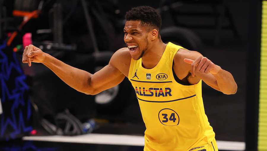 ATLANTA, GEORGIA - MARCH 7:  Giannis Antetokounmpo #34 of Team James celebrates a basket against Team Durant during the second half in the 70th NBA All-Star Game at State Farm Arena on March 07, 2021 in Atlanta, Georgia. (Photo by Kevin C. Cox/Getty Images)
