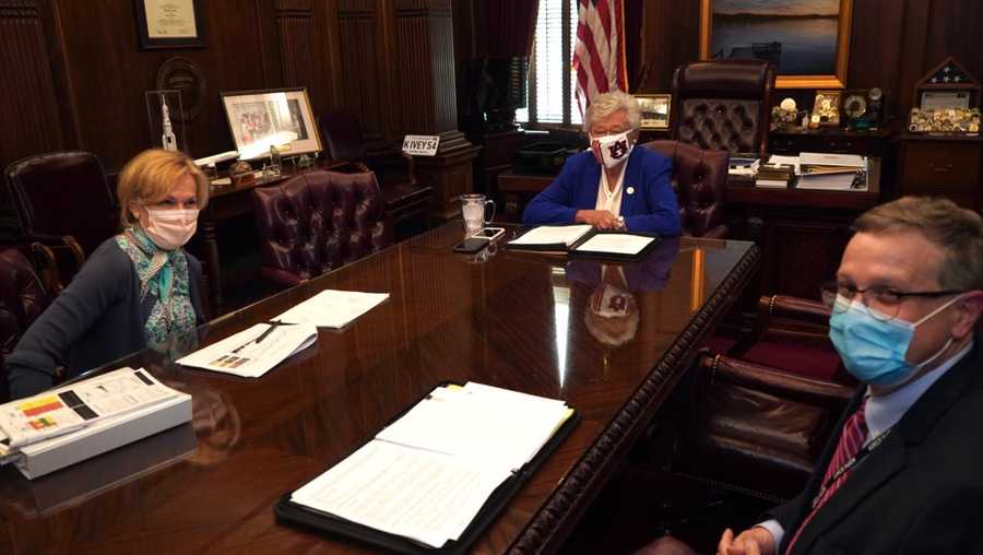 Dr. Birx, Governor Ivey and Dr. Harris meeting in the Governor’s Office.