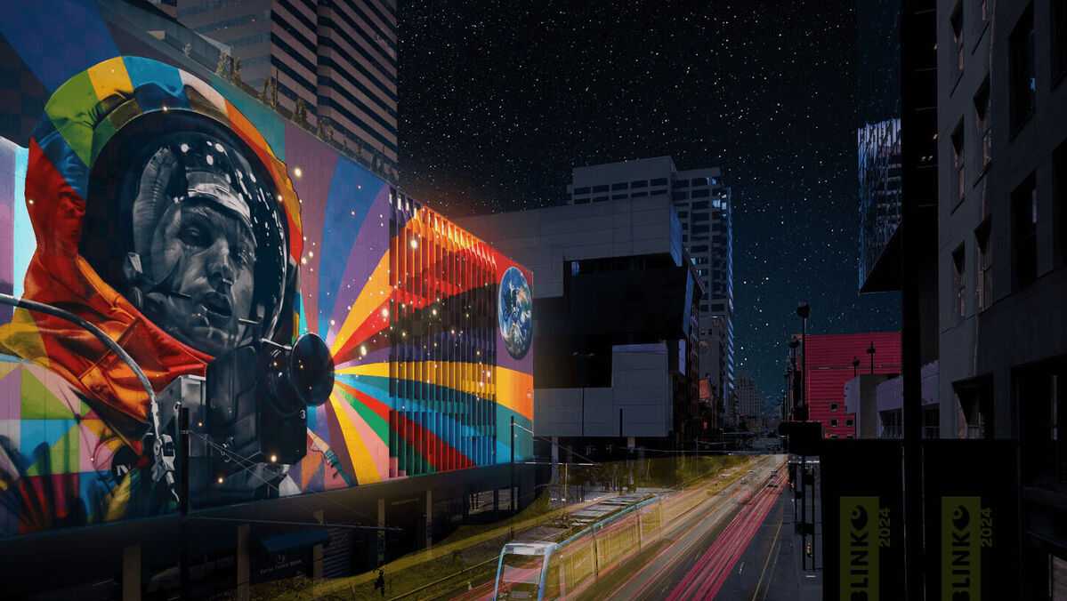 This colorful BLINK projection honors Neil Armstrong's impact on Cincinnati