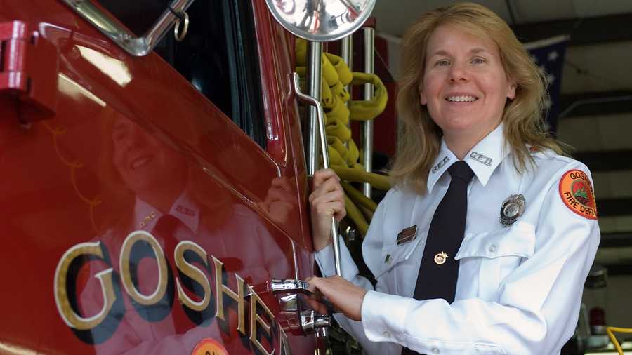 In this file photo, Susan Labrie, the first female fire chief in Massachusetts, is shown at the Goshen, Mass., fire station Thursday, Aug. 24, 2006. (AP Photo)