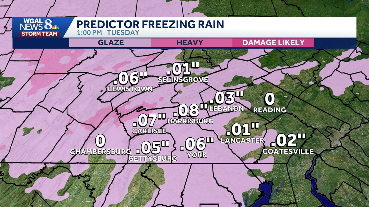 Hour-by-hour wintry mix projections in south-central Pennsylvania