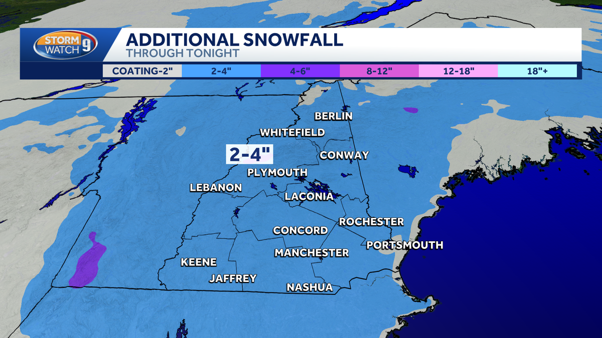 Snow moves out of New Hampshire through Monday evening