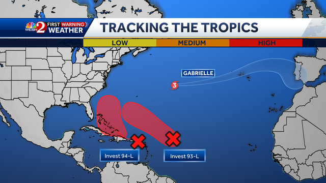 Formation chances rise for Invest 93-L, 94-L in the Atlantic; Hurricane Gabrielle now a Cat 3 storm