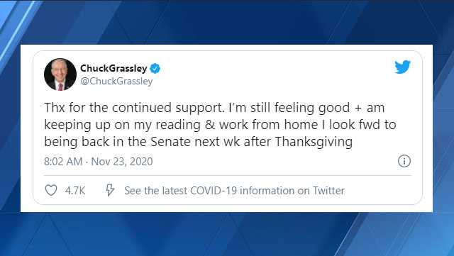 'I'm still feeling good': Sen. Grassley tweets update on COVID-19 diagnosis