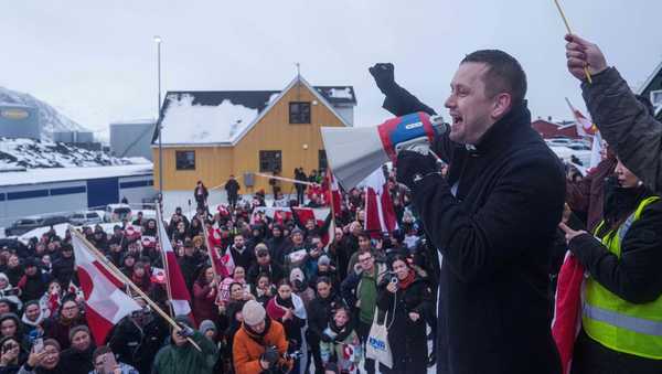 Greenlandic Prime Minister Jens-Frederik Nielsen speaks during a protest against Trump's policy towards Greenland in front of the US consulate in Nuuk, Greenland, Saturday, Jan. 17, 2026.