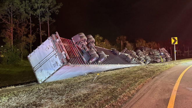 Beer truck crash on I-75 near Ruskin, Florida, on Feb. 13, 2025.